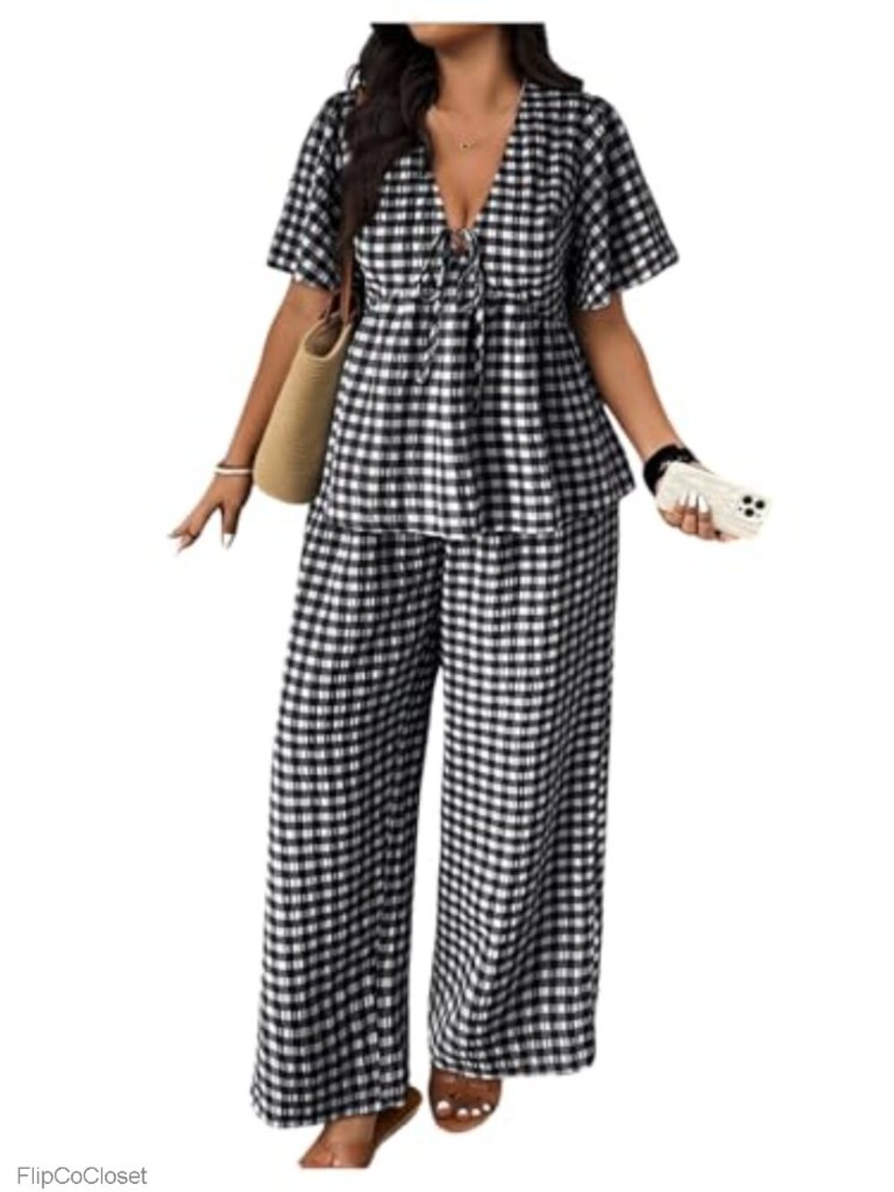 Plus Size 3XL Gingham Tie Front V Neck 2 Piece Pant Set